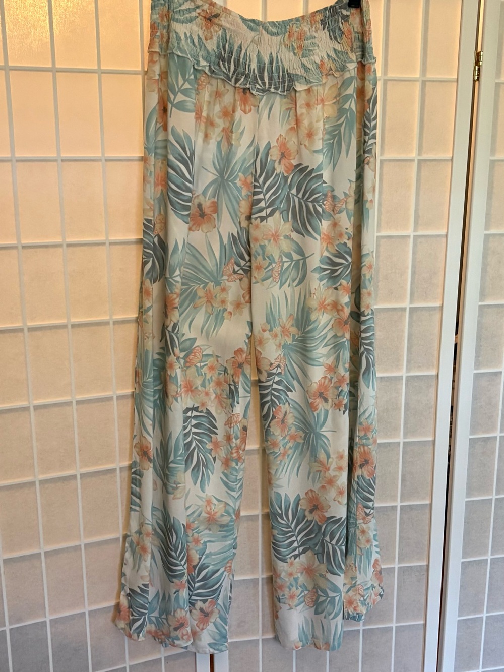 Ocean Drive Wide-Leg Tropical Pants in Light Blue & Peach